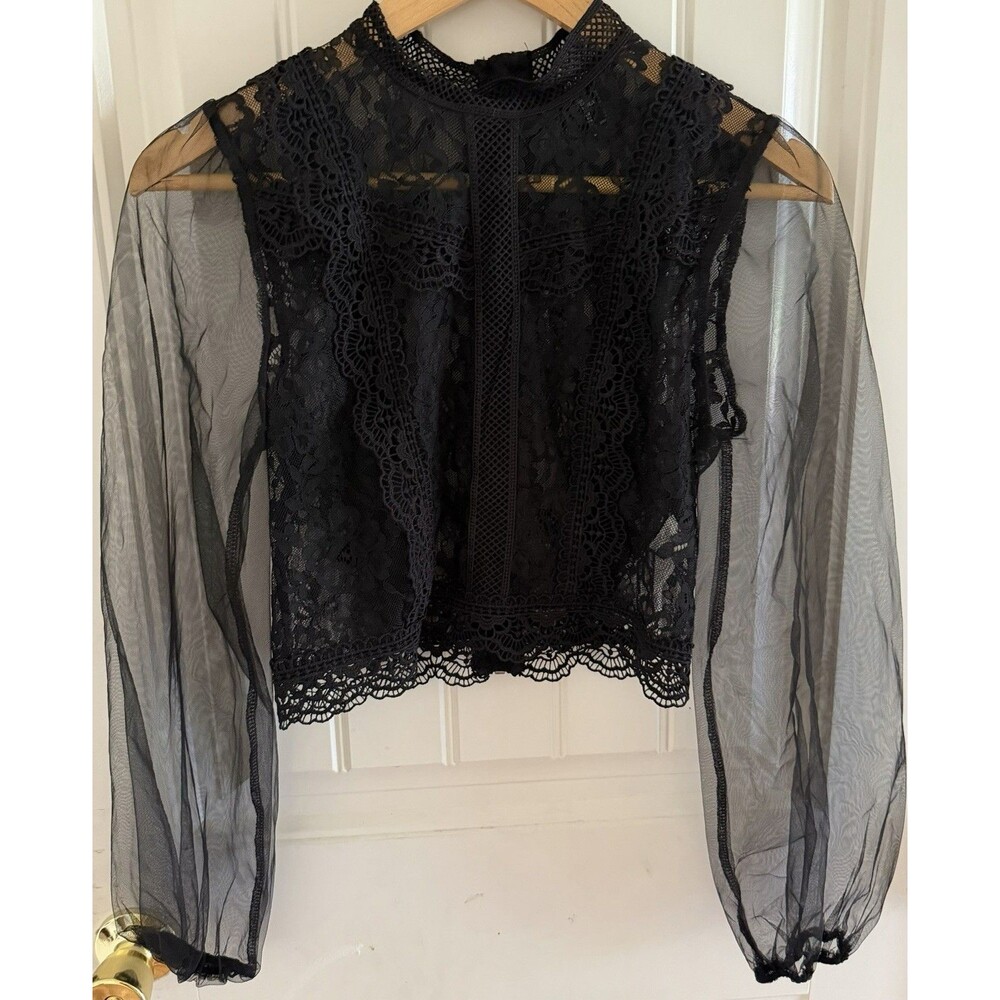 Whimsigoth Lace Sheer Puff Long Sleeve Top Size S Victorian  Boho Chic